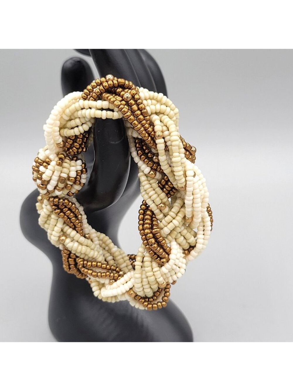 Twisted Braided Beaded Stretch Bangle Bracelet Cream Bronze Beads 6"